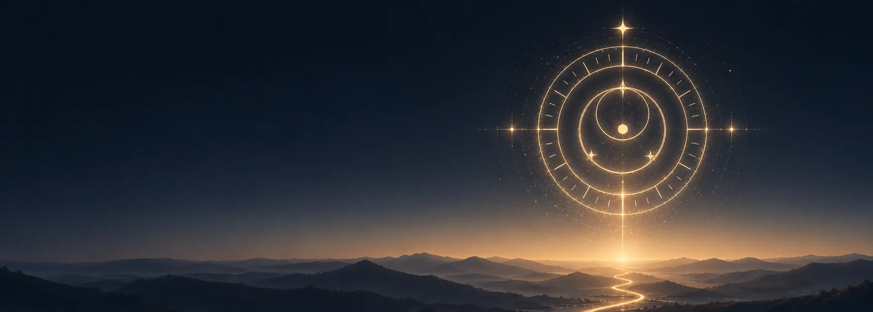 A golden celestial compass rising over a mountain horizon